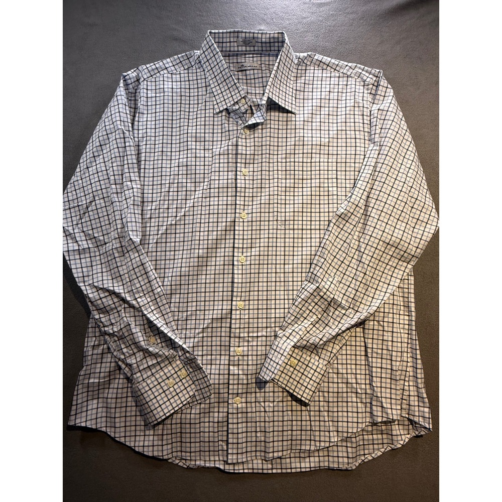 Peter Millar Mens XL Button Down Shirt Blue White Tattersall Check Cotton Blend